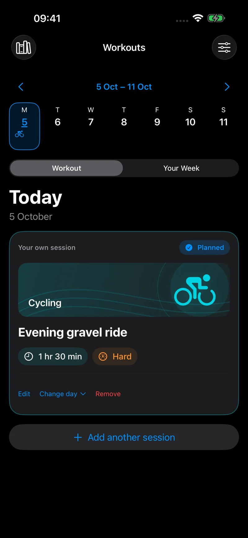A custom cycling session added alongside suggested training